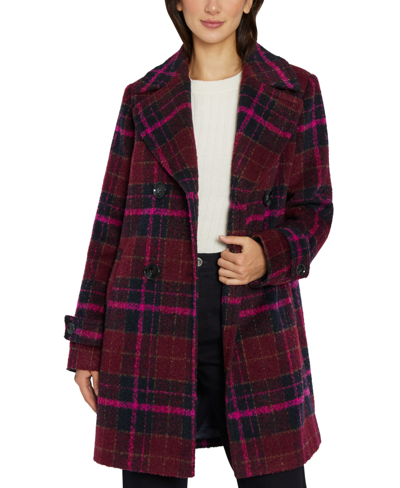 Sam Edelman Plaid Double Breasted A-line Coat In Curly Pink Plaid