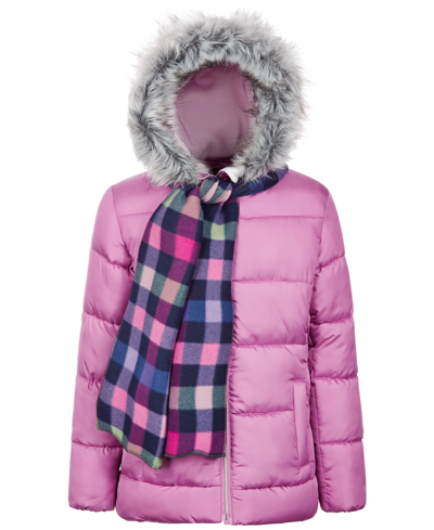 S Rothschild & Co Big Girls Solid Quilt Puffer Coat & Plaid Scarf In Rose