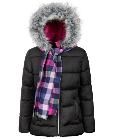 S Rothschild & Co Big Girls Solid Quilt Puffer Coat & Plaid Scarf In Black