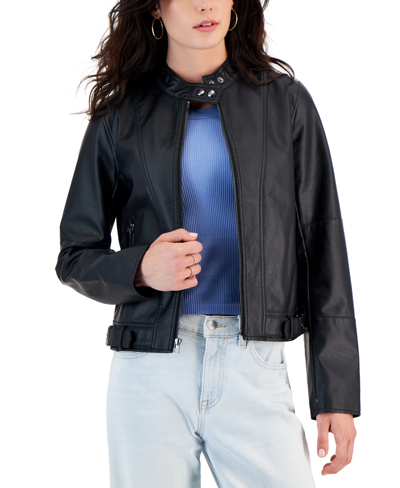 Maralyn & Me Juniors' Faux-leather Long-sleeve Moto Jacket In Black