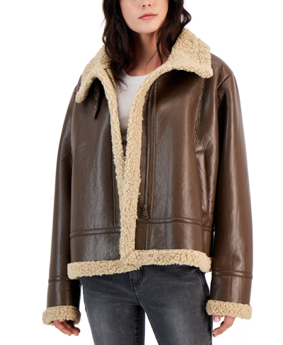 Maralyn & Me Juniors' Faux-leather Long-sleeve Moto Jacket In Dark Brown