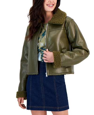 Maralyn & Me Juniors' Cropped Faux-leather Jacket In Olive