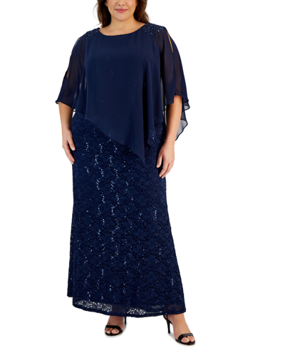 Sl Fashions Plus Size Beaded Popover Gown In Navy