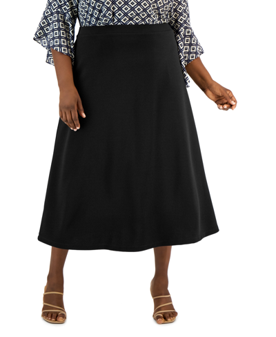 Kasper Plus Size Solid Pull-on Seamed Midi Skirt In Black