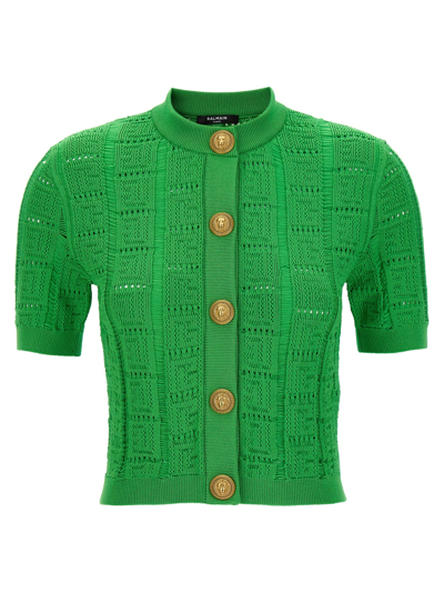 Balmain Monogram-knit Cardigan In Green