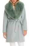 Vince Camuto Double Breasted Coat With Removable Faux Fur Collar In Mint