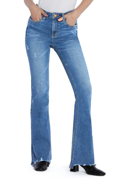 Hint Of Blu Chewed Mid Rise Flare Jeans In Steel Blue