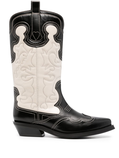 Ganni Black And White Embroidered Leather Western Boots In Multi-colored