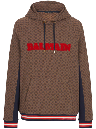 Balmain Retro Monogram Logo Cotton Hoodie In Brown