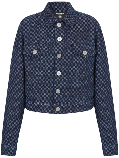 Balmain Monogram Check Jacquard Denim Jacket In Light Beige