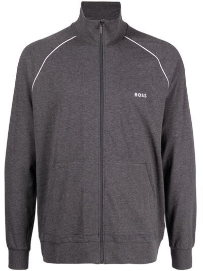 Hugo Boss Embroidered-logo Zip-up Jacket In Gray