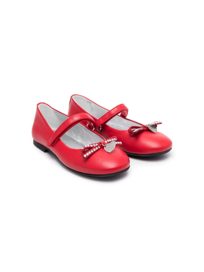 Monnalisa Kids' Crystal-embellished Bow Ballerina Shoes In Red
