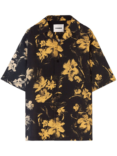 Jil Sander Floral-print Cotton Shirt In 黑色