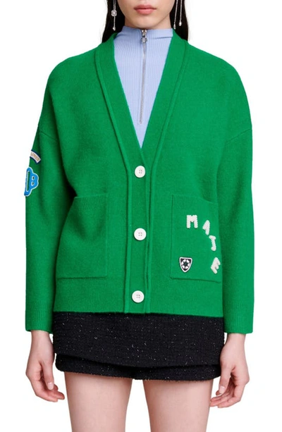 Maje Logo-detail V-neck Cardigan In Vert Gazon /