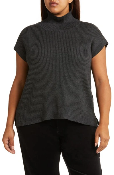 Eileen Fisher Turtleneck Short Sleeve Wool Sweater In Charcoal
