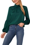 Cece Mock Neck Blouson Sleeve Satin Top In Dark Forest