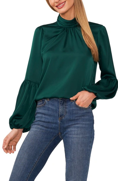 Cece Mock Neck Blouson Sleeve Satin Top In Dark Forest