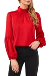 Cece Mock Neck Blouson Sleeve Satin Top In Stoplight Red