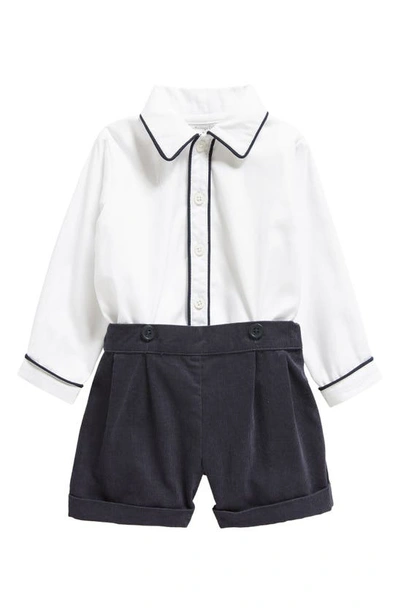 Rachel Riley Babies' Piped Cotton Button-up Shirt & Corduroy Shorts Set In Navy