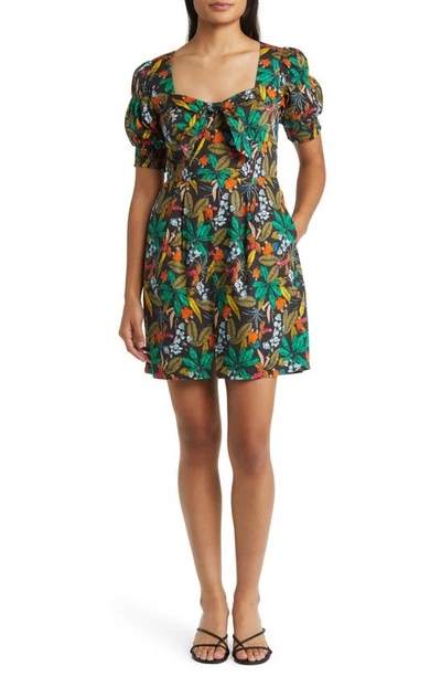 Du Paradis Floral Print Puff Sleeve Minidress In Midnight Forest