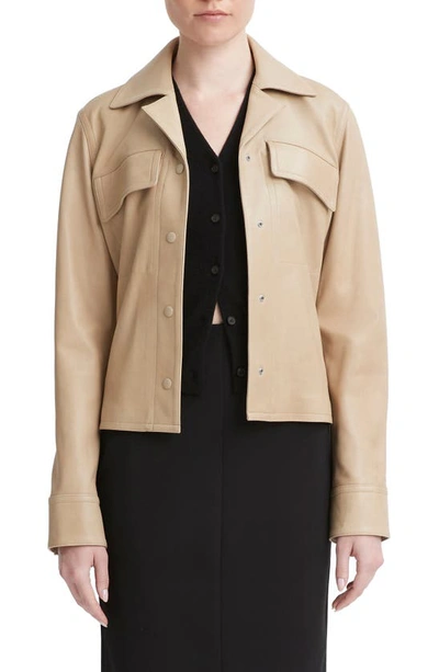 Vince Snap Front Cropped Leather Shirt Jacket In Sesame In Silver