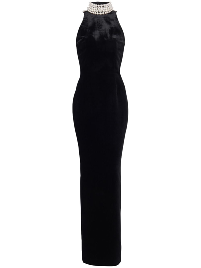 Balmain Faux Pearl-embellished Halterneck Velvet Gown In Black