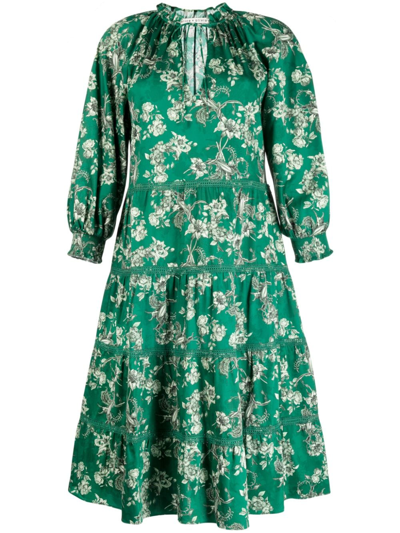 Alice And Olivia Layla Floral-print Stretch-cotton Midi Dress In Green