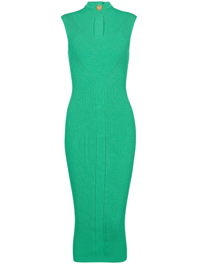Balmain Ribbed-knit Midi Dress In Green