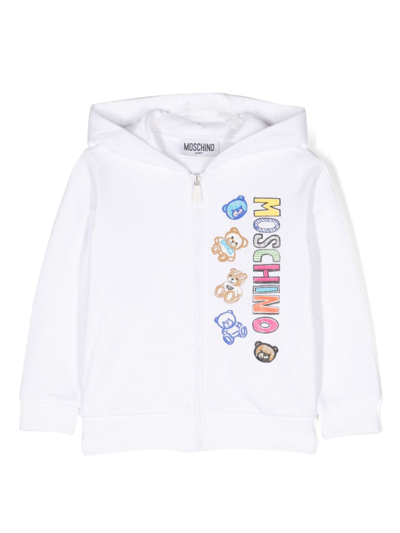 Moschino Babies' Logo印花拉链连帽衫 In White
