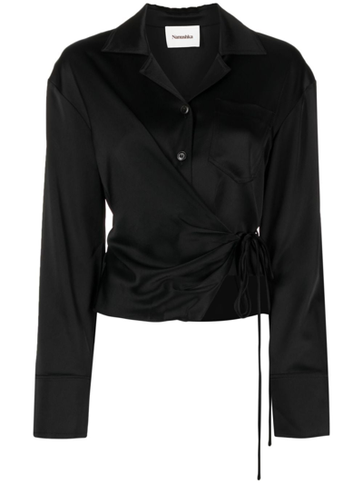 Nanushka Merano Button-front Satin Wrap Shirt In Black