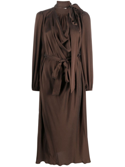Zimmermann Billow Pussy-bow Belted Silk-satin Midi Dress In Chocolate