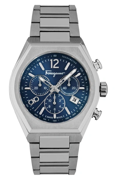 Ferragamo Men's 42mm Tonneau Chronograph Watch With Bracelet Strap, Silver/blue In Stainless Steel