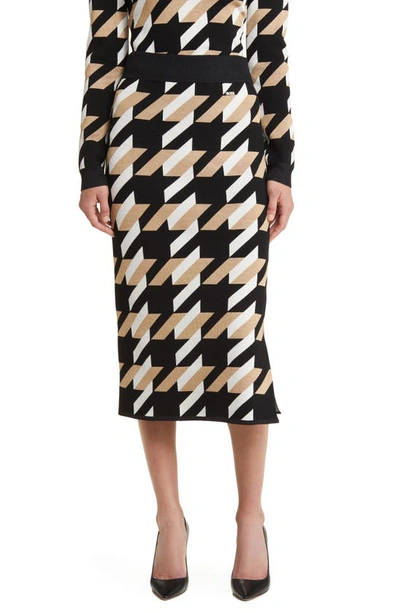 Hugo Boss Knitted Jacquard-pattern Pencil Skirt With Logo Trim In Iconic Houndstooth Fantasy