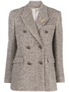 Golden Goose Herringbone Double-breasted Blazer In Beige Brown Bluette