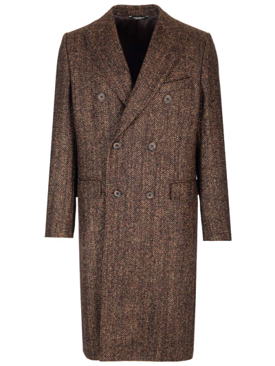 Dolce & Gabbana Double-breasted Herringbone Coat In Brown