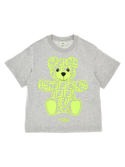 Fendi Kids' Logo Bear-print Cotton-jersey T-shirt 8-12 Years In Gri Melang+gial Fluo