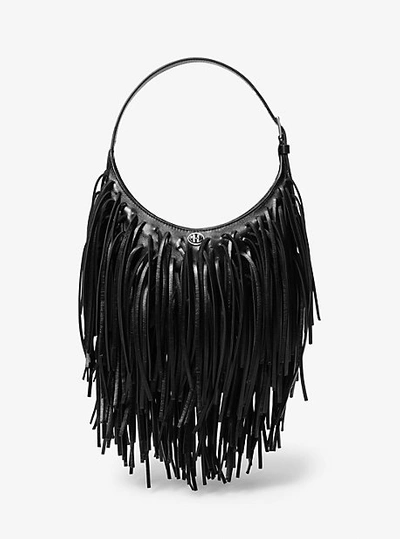 Michael Kors Dyan Small Fringed Leather Shoulder Bag In Black