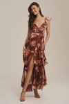 Hutch Senna Floral Flutter-sleeve Tiered Maxi Wrap Dress In Purple