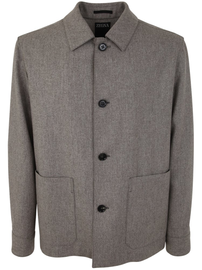 Z Zegna Long Sleeved Buttoned Overshirt In Beige