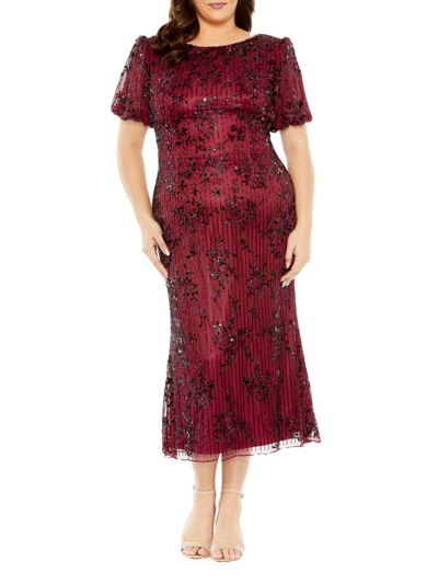 Mac Duggal Women's Embellished Tulle Puff-sleeve Midi-dress In Burgundy