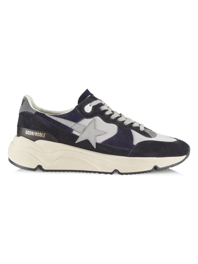 Golden Goose Running Sole Sneakers In Suede And Blue Fabric In Silver Blue Grey