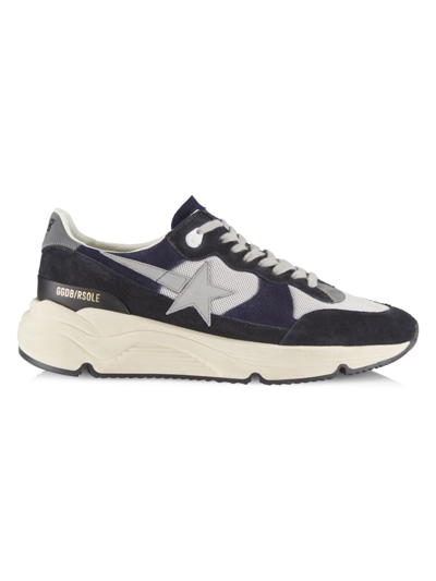 Golden Goose Running Sole Trainers In Suede And Blue Fabric In Silver Blue Grey