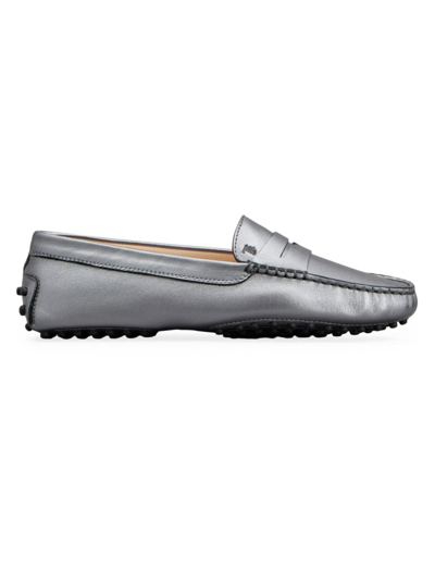 Tod's Women's Gommini Mocassino Metallic Leather Loafers In Silver