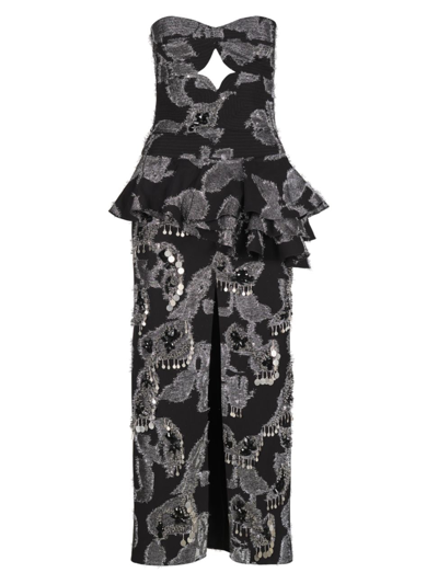 Johanna Ortiz Belle Epoque Strapless Maxi Dress In Black Silver