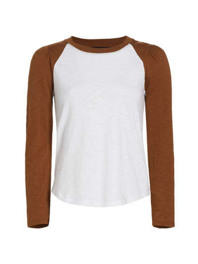 Veronica Beard Mason Colorblock Long Sleeve Cotton Baseball T-shirt In White Dark Ochre