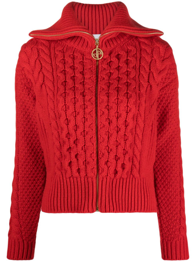 PATOU RED CABLE-KNIT ZIP-UP CARDIGAN