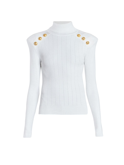 Balmain Women's Button-trimmed Turtleneck Sweater In White