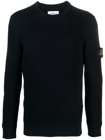 Stone Island Compass-motif Ribbed-knit Jumper In Blue