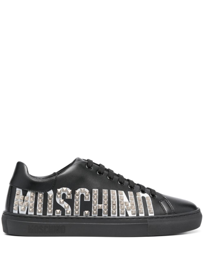 Moschino Logo-embellished Leather Sneakers In Black