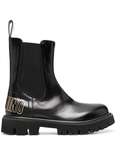 Moschino Logo-lettering Leather Ankle Boots In Black